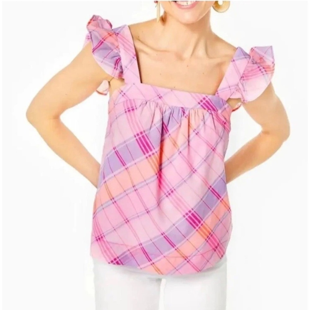 Lilly Pulitzer Reyna Top Pink Isle Plaid Ruffled Straps Square Neckline Size Med